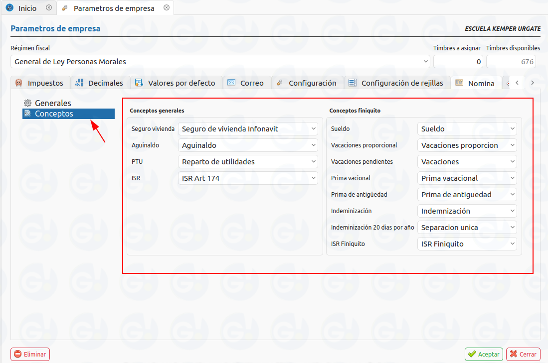 configuracion conceptos de nomina