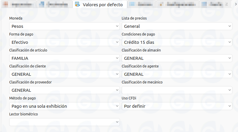 valores por defecto